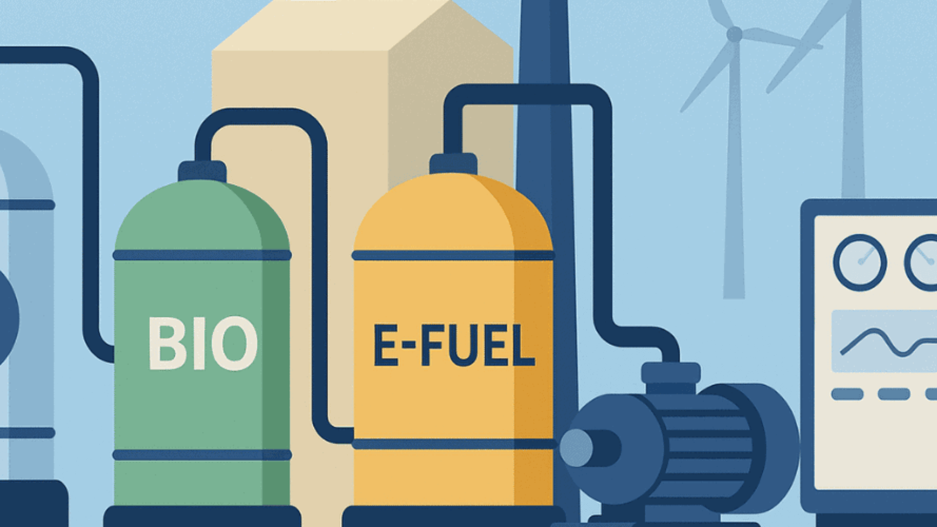 Illustration einer modernen Industrieanlage mit Symbolen für Wasserstoff, Biokraftstoffe und E-Fuels – visuelle Darstellung von Future Fuels im Einsatz. Text zu Kral und Matter Hydraulik.