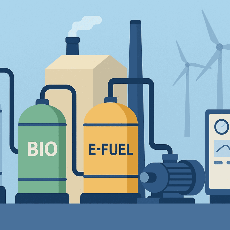 Illustration einer modernen Industrieanlage mit Symbolen für Wasserstoff, Biokraftstoffe und E-Fuels – visuelle Darstellung von Future Fuels im Einsatz.